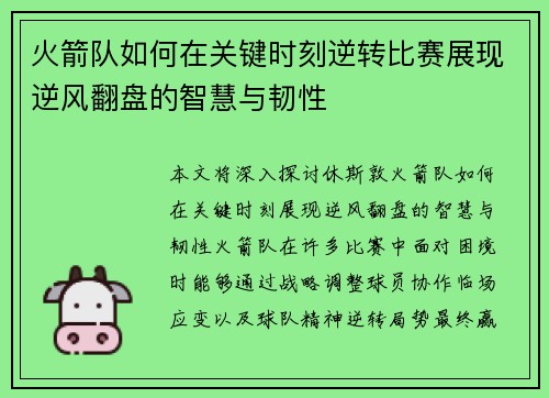 火箭队如何在关键时刻逆转比赛展现逆风翻盘的智慧与韧性
