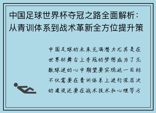 中国足球世界杯夺冠之路全面解析：从青训体系到战术革新全方位提升策略